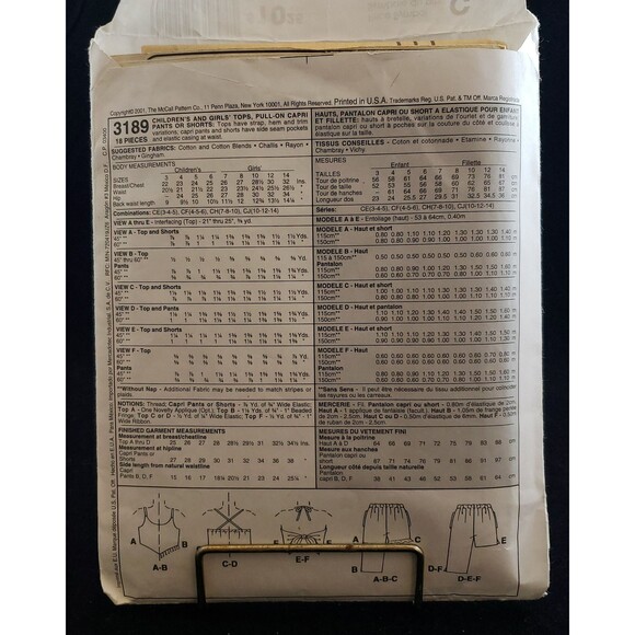 Girls Tops, Pull on Capri, Pants Shorts Used Sewing Pattern McCall's #3189 - Picture 3 of 5